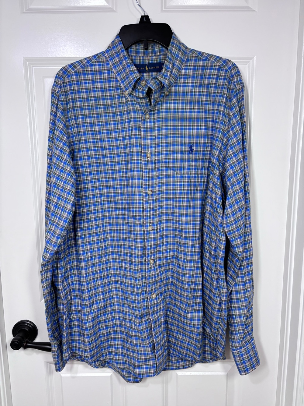 Ralph Lauren Plaid Long Sleeve Button Down Cotton Shirt Men’s L Blue